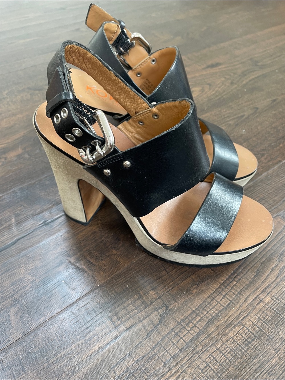 Michael Kors Black Leather Wide-Strap Block Heel Sandals